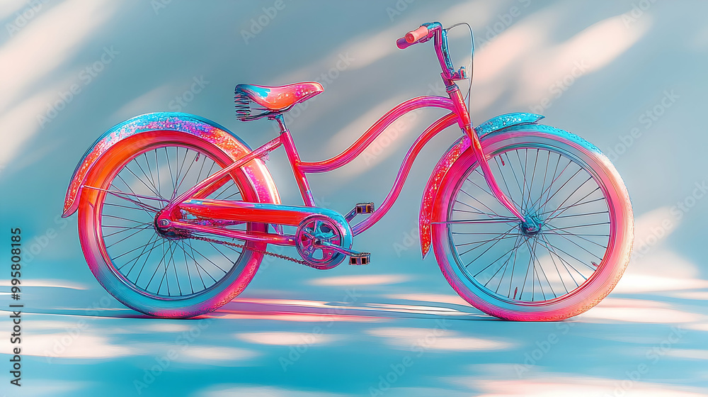 Fototapeta premium A digitally rendered pink bicycle with large wheels and a single speed chain, resting on a light blue background.