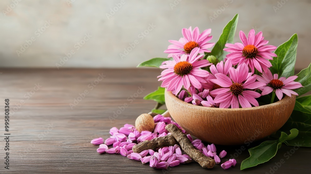 A rustic wooden surface features a bowl of vibrant pink flowers surrounded by petals and leaves, creating a serene and natural aesthetic. A rustic wooden surface features a bowl of vibrant pink flowers surrounded by petals and leaves, creating a serene and natural aesthetic.