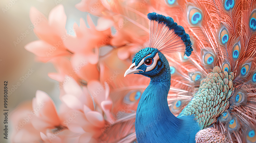 Fototapeta premium Peacock with Blue Feathers and Orange Flowers