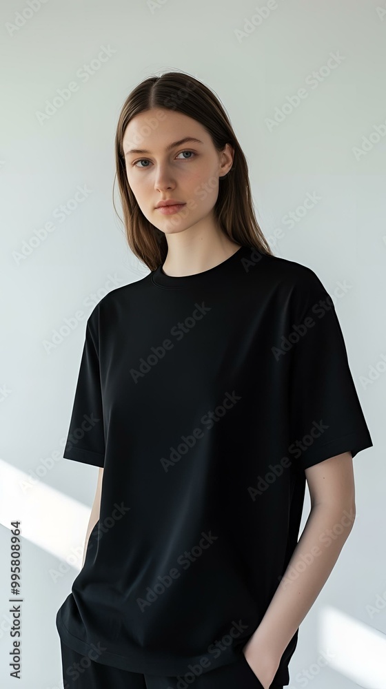 Anonymous Model in Black T-Shirt Showcasing Modern Minimalist Fashion and Privacy Concept.