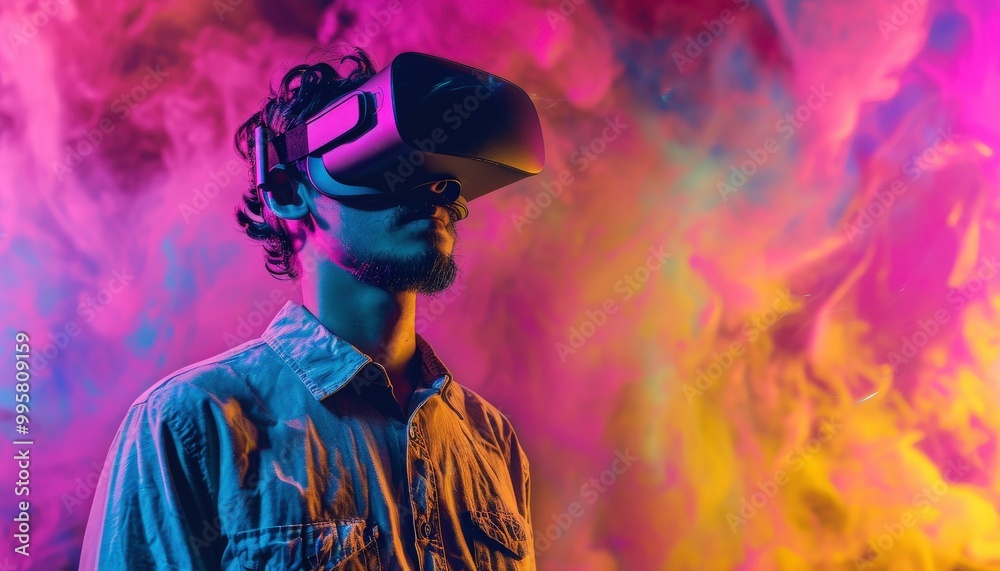 People are immersed in a virtual reality experience with a neon light background suitable for technology and gaming concepts in futuristic design. Generative AI People are immersed in a virtual reality experience with a neon light background suitable for technology and gaming concepts in futuristic design. Generative AI