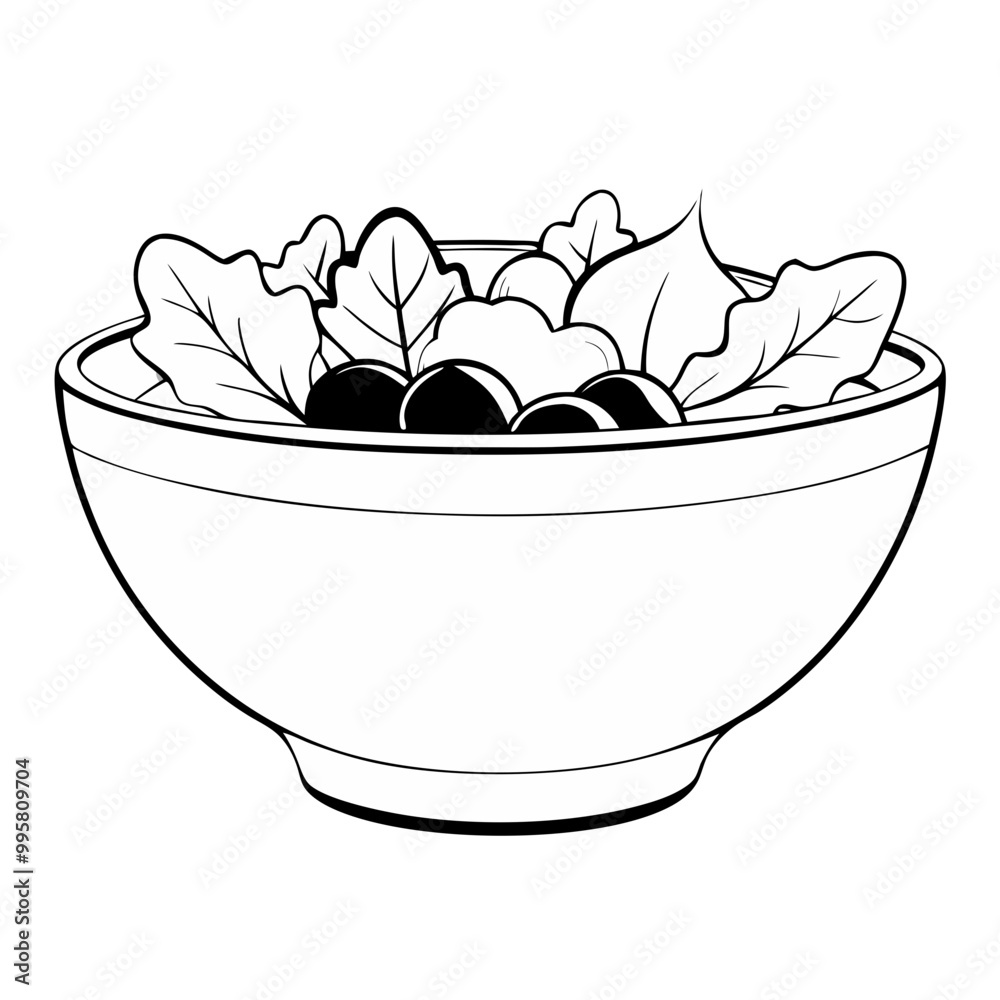 Black and White Salad Bowl Illustration on White Background Black and White Salad Bowl Illustration on White Background