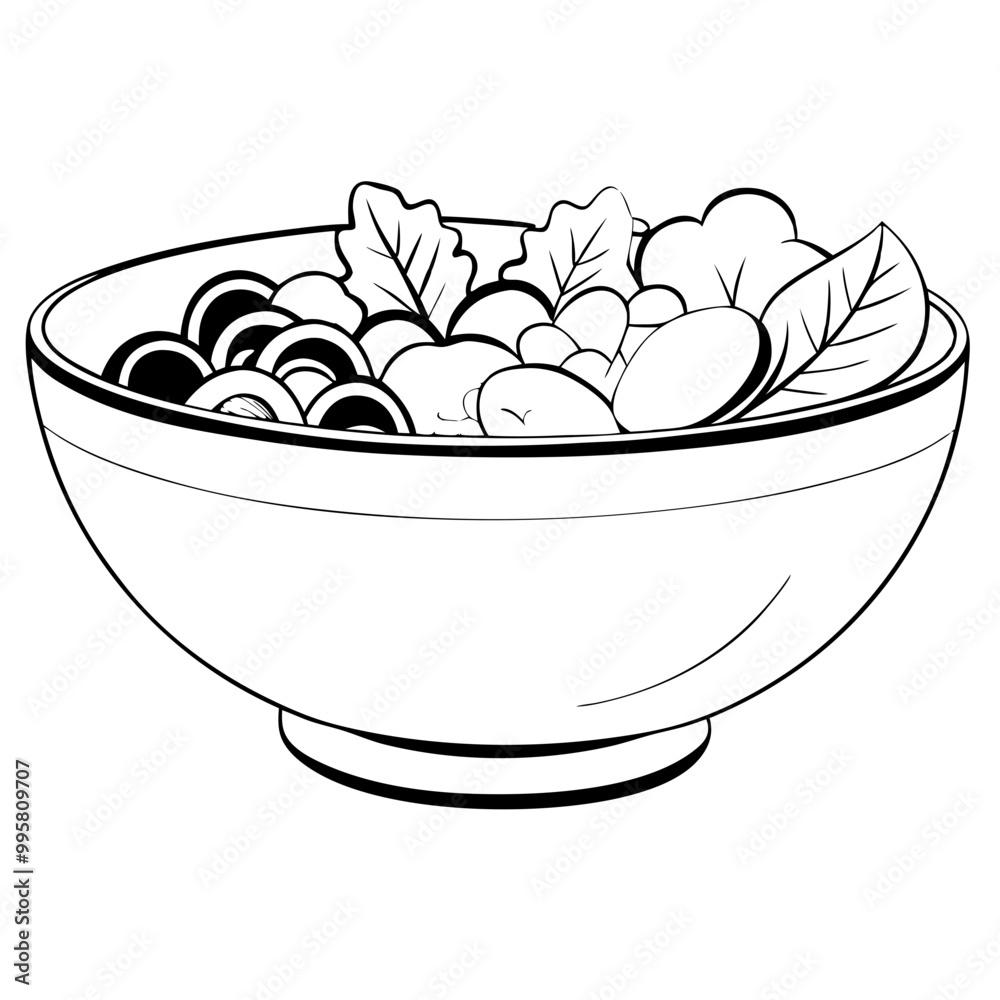 Black and White Salad Bowl Illustration on White Background Black and White Salad Bowl Illustration on White Background