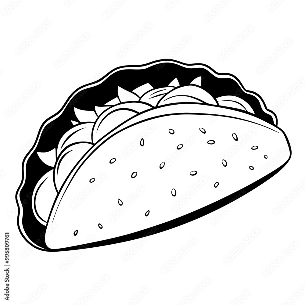 Black and white illustration of a taco