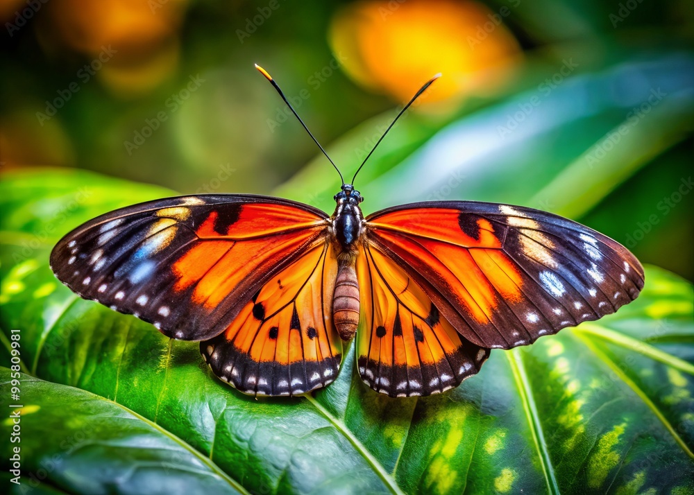 In its natural habitat, a striking wolf butterfly displays vibrant colors while perched upon a leaf, creating a In its natural habitat, a striking wolf butterfly displays vibrant colors while perched upon a leaf, creating a