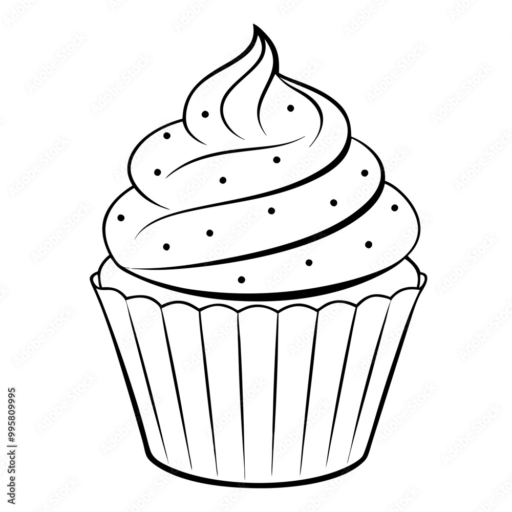 Black and white illustration of a cupcake with frosting Black and white illustration of a cupcake with frosting