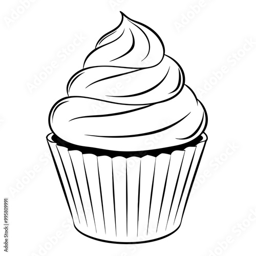 Black and white illustration of a cupcake with frosting
