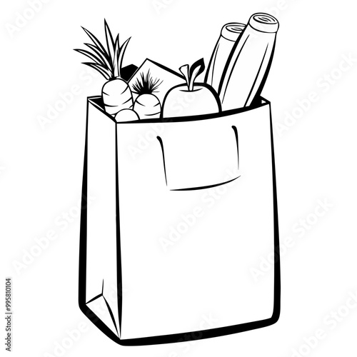 Black and white illustration of a grocery bag