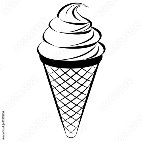 Black and white illustration of ice cream in a waffle cone