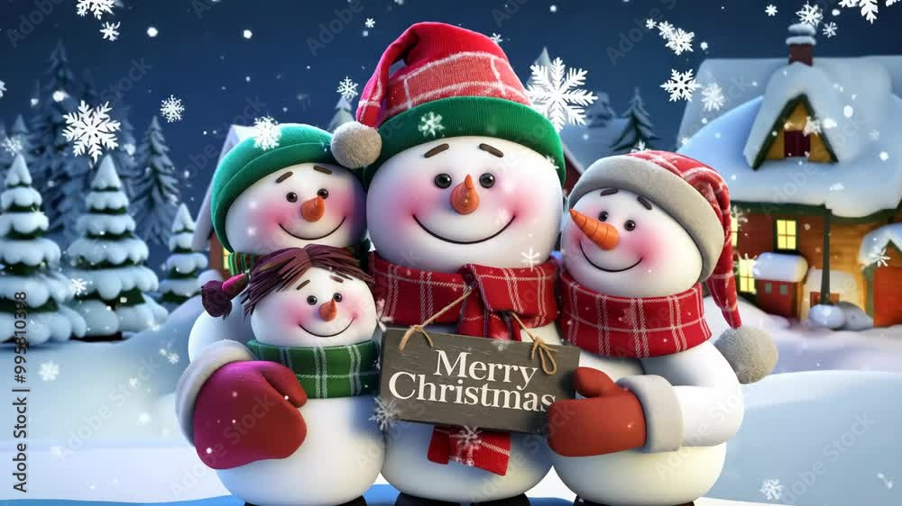 Smiling snowman family in a snowy Christmas scene 3D animation closeup Smiling snowman family in a snowy Christmas scene 3D animation closeup