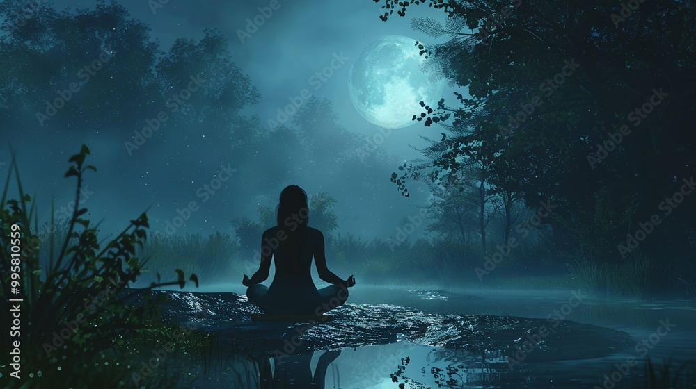 月夜にヨガをする人物 月夜にヨガをする人物