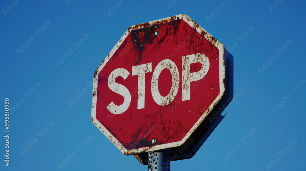 weathered stop sign stands out against clear blue sky, reminding drivers to halt and ensure safety on road. Its faded paint adds character to this essential traffic signal weathered stop sign stands out against clear blue sky, reminding drivers to halt and ensure safety on road. Its faded paint adds character to this essential traffic signal