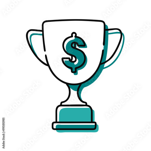 Trophy with dollar sign icon, teal and white, financial success and achievement concept