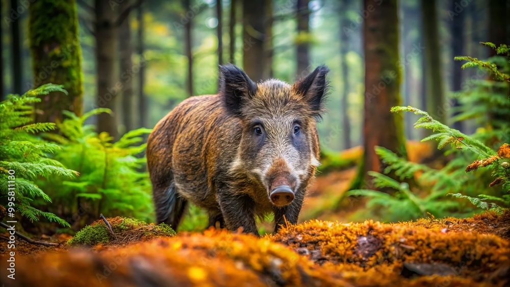 In the heart of a lush forest, wild boars search for acorns and tubers, their tusks rooting through In the heart of a lush forest, wild boars search for acorns and tubers, their tusks rooting through