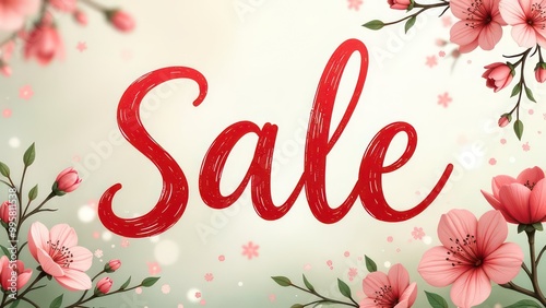 Big red handwriting thin letters “sale” over spring background 