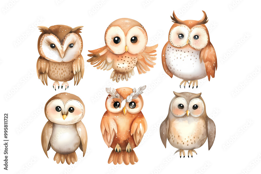 Fototapeta premium Cute painted watercolor owls on transparent background. A set of brown birds for use in children's books and articles