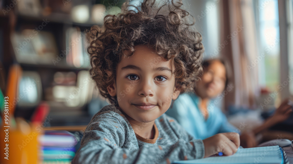 A child diligently working on homework at a dining table. The scene captures a loving parent offering guidance while the child writes in a colorful notebook. A child diligently working on homework at a dining table. The scene captures a loving parent offering guidance while the child writes in a colorful notebook.