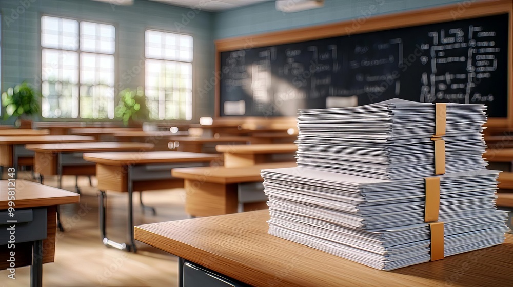 Exam Papers neatly stacked in an organized classroom with sunlit desks and chalkboards in the background Exam Papers neatly stacked in an organized classroom with sunlit desks and chalkboards in the background