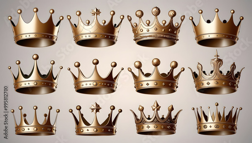 Collection of realistic golden crowns. Crowning headdress for king or queen. Royal noble aristocrat monarchy symbols.  photo