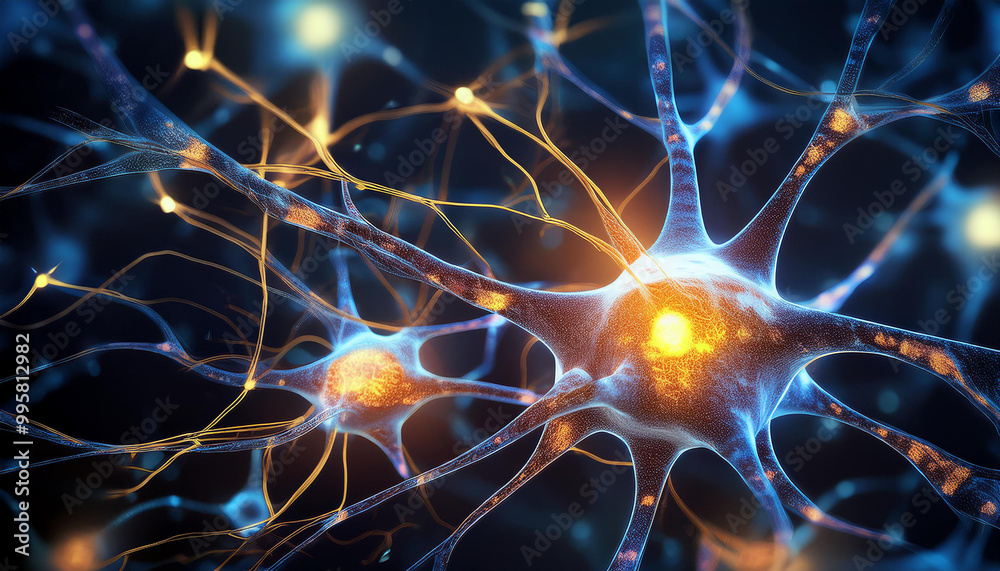 Abstract neurons branching out and connecting through glowing synapses. Brain activity, science Abstract neurons branching out and connecting through glowing synapses. Brain activity, science