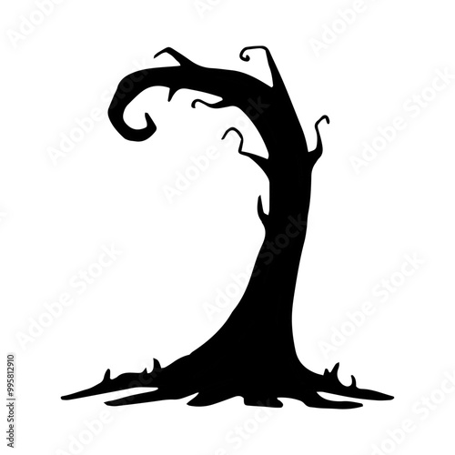 Crooked tree with gnarled roots. Halloween plant silhouette. Graphic illustration. Black outline clipart. Hand drawn isolated drawing. Nature element for creepy decor. Doodle style