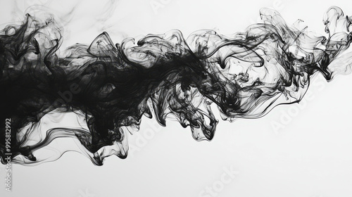 The concept of pollution. A black oil slick. Black watercolor ink splashes in the water on a white background. A black smoke trail is visible in the picture. The smoke is thick, dark and long