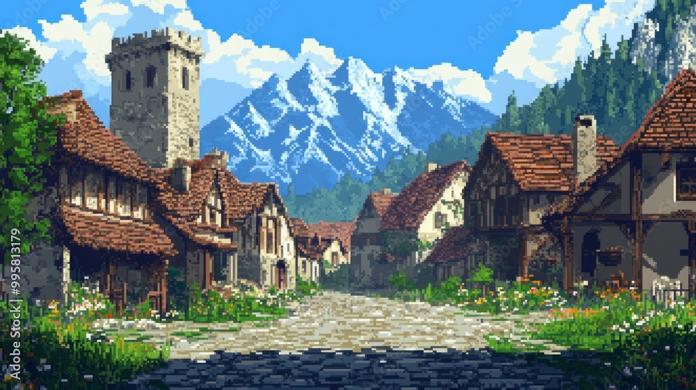 Pixelated Medieval Village nestled amidst a Mountain Range