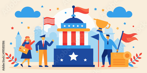 Festive constitution day celebration scene with patriotic symbols and people