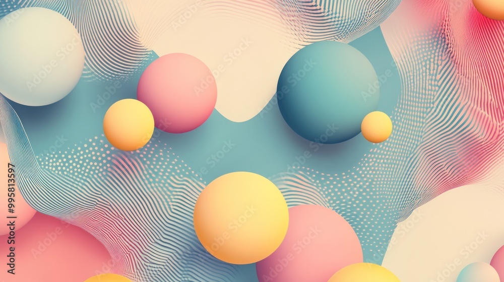 Colorful abstract design with pastel spheres and flowing waves creating a vibrant, playful atmosphere. Colorful abstract design with pastel spheres and flowing waves creating a vibrant, playful atmosphere.