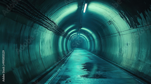dimly lit tunnel with smooth, wet surface reflects eerie blue green light from overhead fixtures, creating mysterious and atmospheric scene