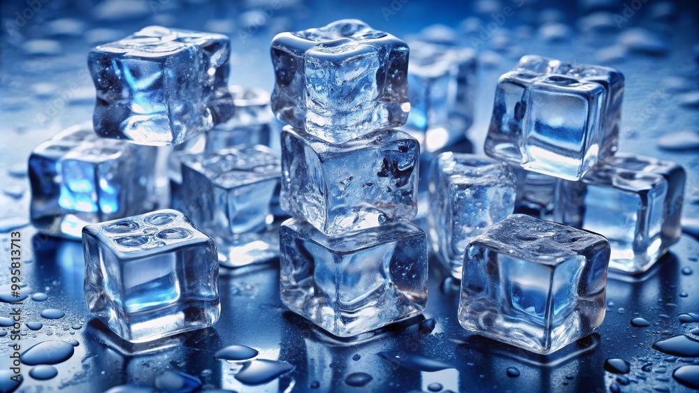 Ice cubes are melting on a reflective surface, creating puddles of water