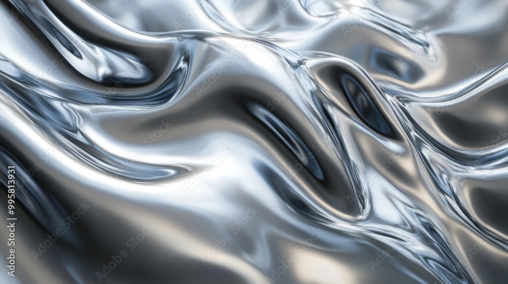 A close-up view of shiny silver silk-like fabric, creating mesmerizing waves and reflections. A close-up view of shiny silver silk-like fabric, creating mesmerizing waves and reflections.