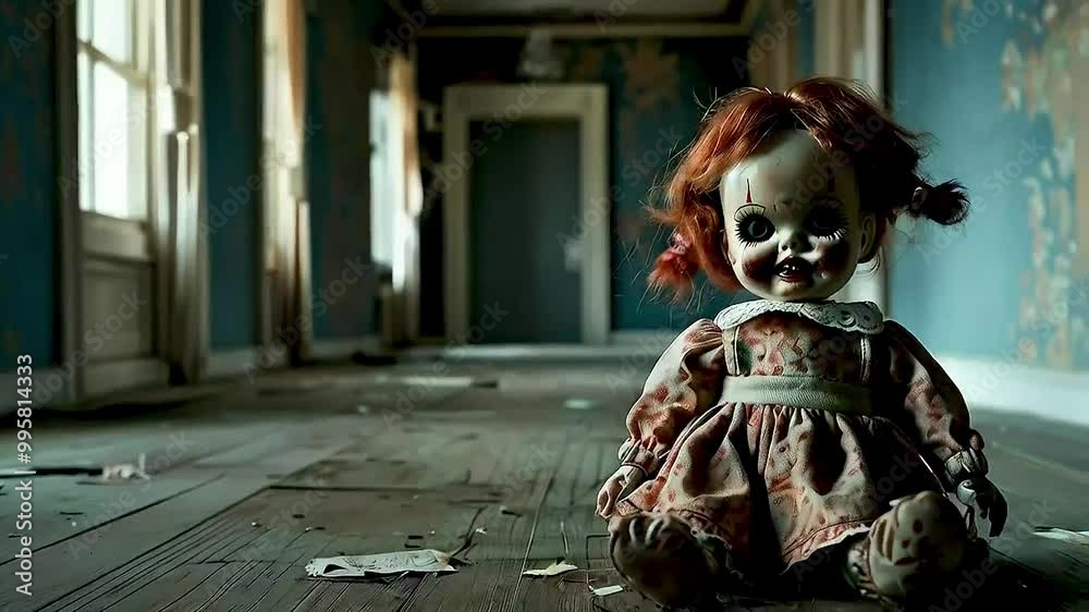 a creepy doll  sitting in an abandoned house