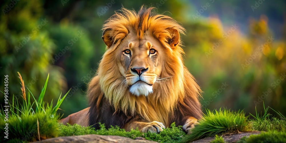 Fototapeta premium Majestic lion reclines in its natural habitat, embodying power and grace, perfectly poised amidst the wilderness,