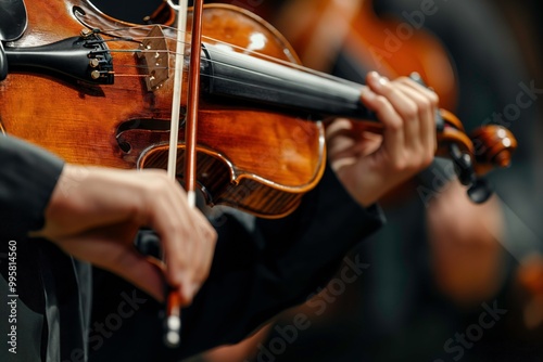 A person is playing a violin in front of a group of people. Concept of harmony and unity, as the musician and the audience are all connected through the music. Generative AI