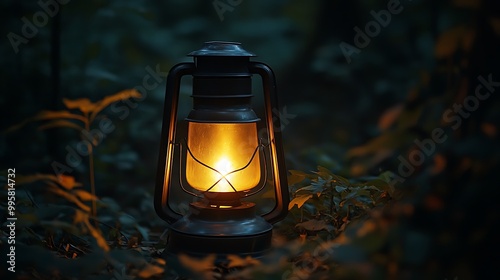 A lit oil lamp sits on the forest floor, casting a warm glow through the surrounding foliage.