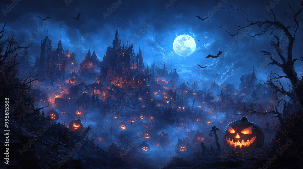 A spooky graveyard scene shrouded in mist on Halloween night, featuring intricately carved pumpkins glowing with eerie light. Bats can be seen flying across a full moon in the background A spooky graveyard scene shrouded in mist on Halloween night, featuring intricately carved pumpkins glowing with eerie light. Bats can be seen flying across a full moon in the background