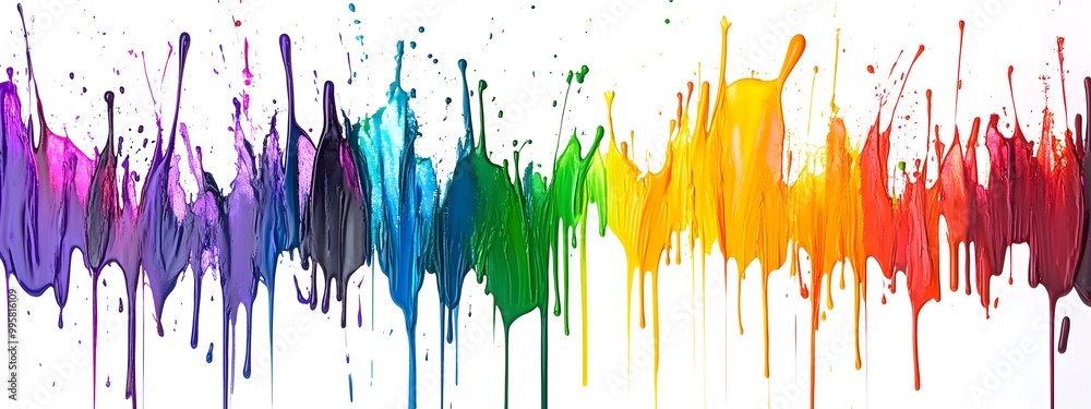 Fototapeta premium Rainbows of paint splashing on a white background, vibrant colors dripping and blending together
