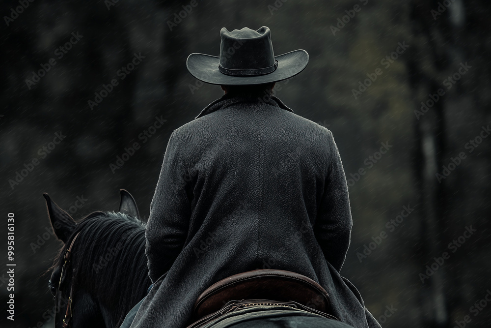 A close-up of the back and legs of a black horse with a dark mane, viewed from behind, as a cowboy in a hat sits on the saddle against a dark background. A close-up of the back and legs of a black horse with a dark mane, viewed from behind, as a cowboy in a hat sits on the saddle against a dark background.