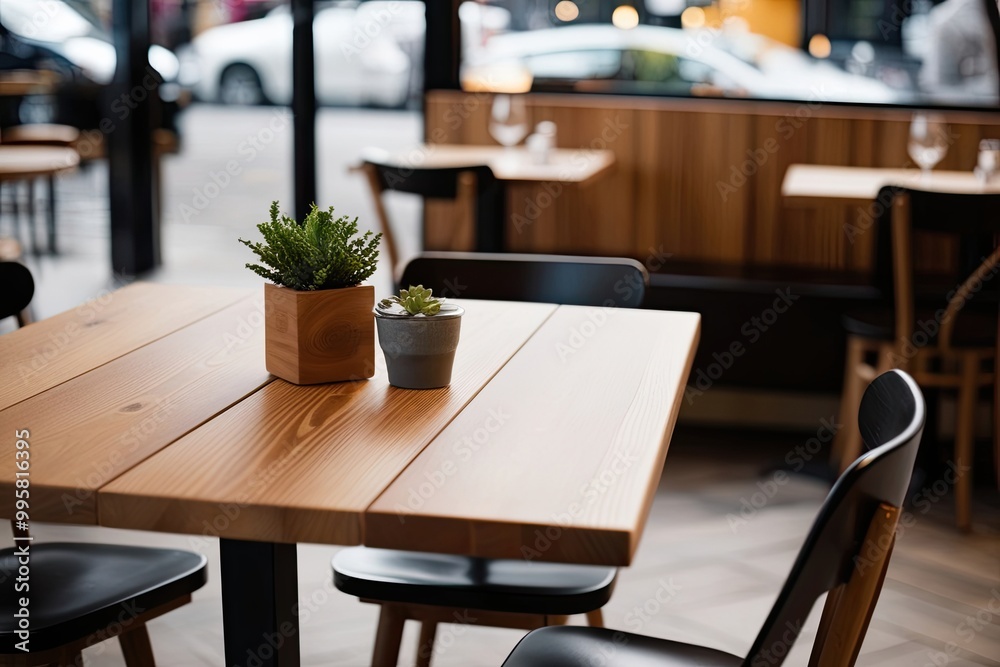 Modern Wooden Table in a Blurred Caf� Atmosphere Modern Wooden Table in a Blurred Caf� Atmosphere