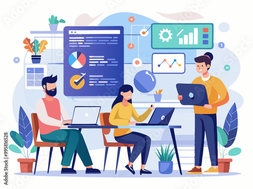 Programming office with developers and notebook. Coders or programmers writing program. Landing page for web IT courses with HTML and C++. Code team engineering computer software