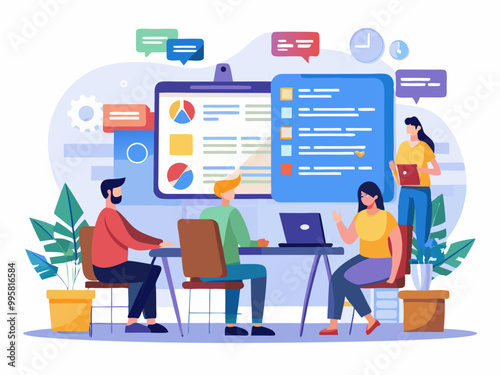 Programming office with developers and notebook. Coders or programmers writing program. Landing page for web IT courses with HTML and C++. Code team engineering computer software