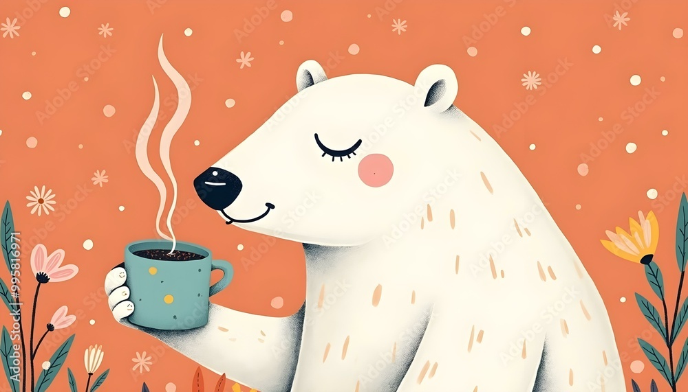 A cheerful polar bear sips from a cup while surrounded by blooming flowers and snowfall A cheerful polar bear sips from a cup while surrounded by blooming flowers and snowfall