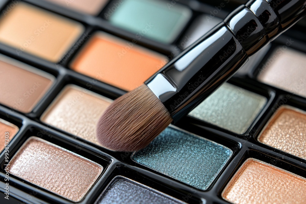 Close up of an eyeshadow palette with a brush featuring soft matte finishes in neutral and pastel tones for a subtle and professional beauty look Close up of an eyeshadow palette with a brush featuring soft matte finishes in neutral and pastel tones for a subtle and professional beauty look