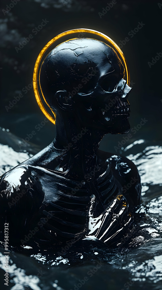 Fototapeta premium Black Skeleton with Golden Halo Emerges from Dark Watery Depths
