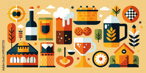 Oktoberfest celebration with beer elements and festive icons for design and decor
