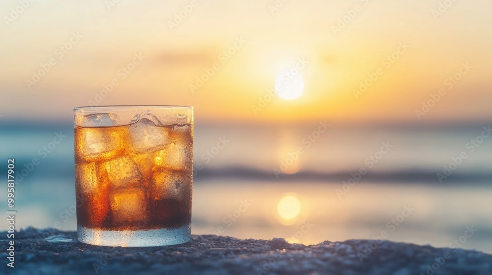 A refreshing iced tea cocktail sits on a stone as the sun sets over the serene beach, creating a picturesque bokeh ambiance A refreshing iced tea cocktail sits on a stone as the sun sets over the serene beach, creating a picturesque bokeh ambiance