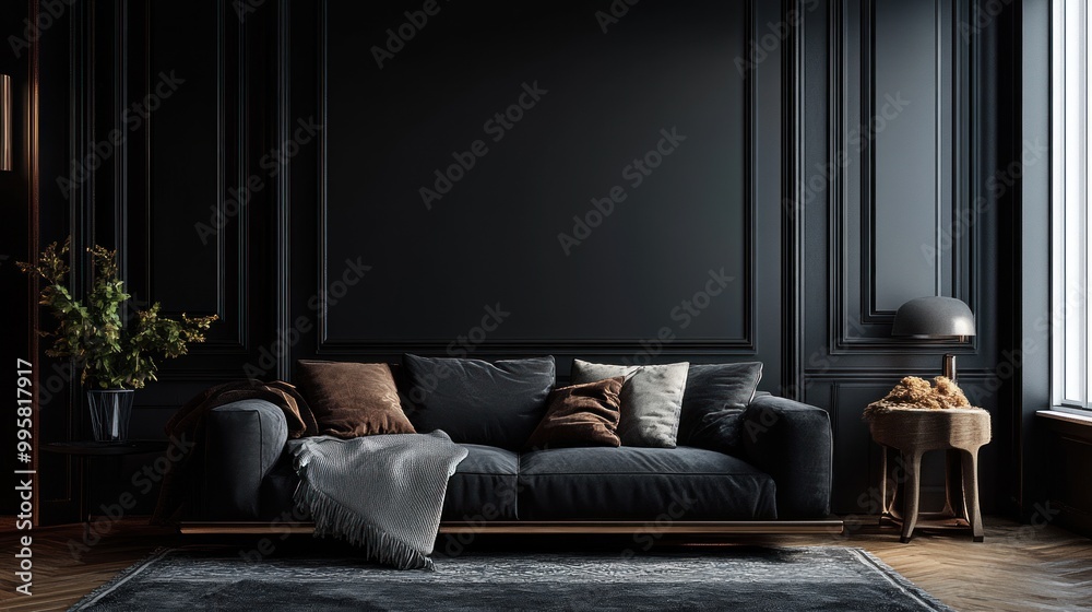 A cozy living room featuring a dark gray sofa adorned with soft cushions, accented by warm tones and elegant decor. A cozy living room featuring a dark gray sofa adorned with soft cushions, accented by warm tones and elegant decor.