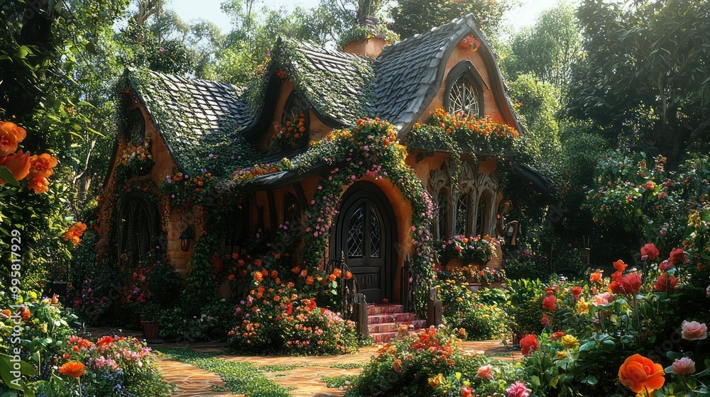 Obraz premium A Charming Cottage Nestled Amidst a Lush Garden of Vibrant Blooms