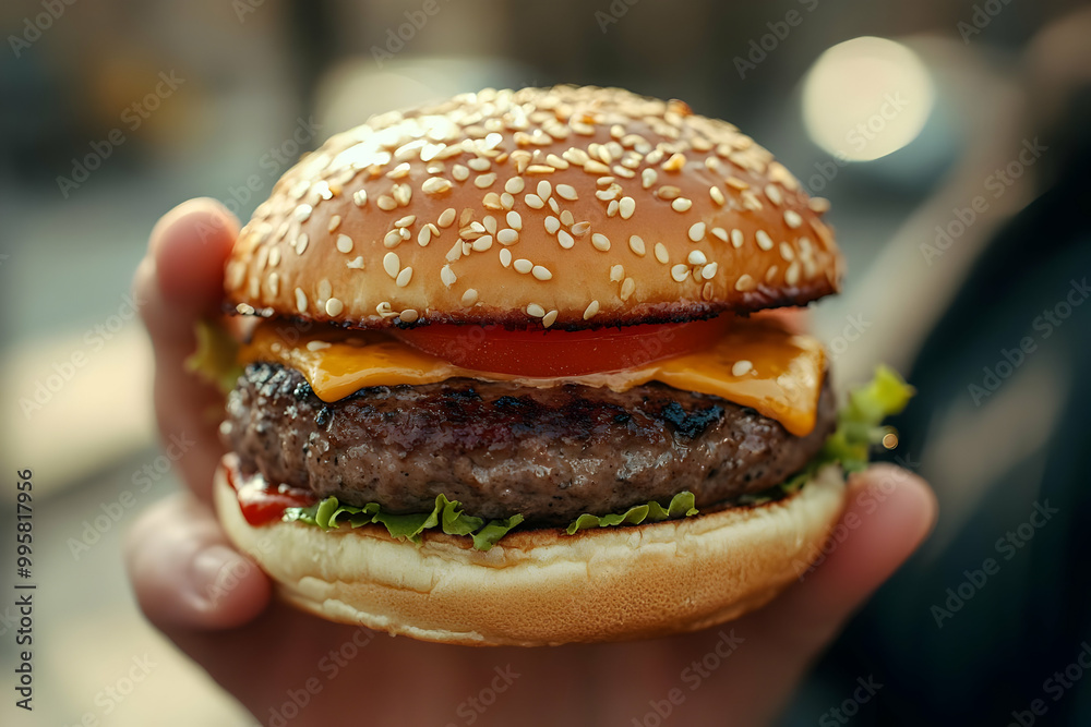 Close-up of a Juicy Cheeseburger with Sesame Seed Bun Held in Hand, Ready to be Devoured. Close-up of a Juicy Cheeseburger with Sesame Seed Bun Held in Hand, Ready to be Devoured.